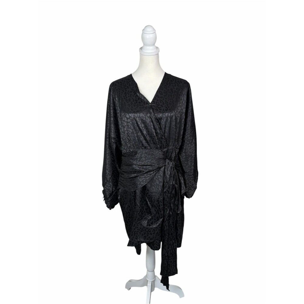 White Birch Black Label XL Black Satin Leopard Print Wrap Dress Cocktail Party